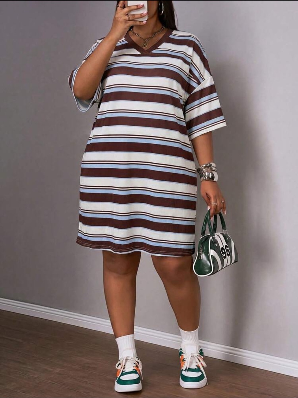 SHEIN Striped V-Neck Dropped Shoulder T-Shirt Dress